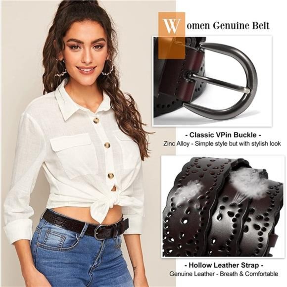 XZQTIVE Womens Belts for Jeans Hollow Flower Leather Belt for Pants Wide Belt main image 7